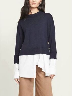 Veronica Beard Pipes & Shaw Merino Wool Beri sweater w button down shirt bottom